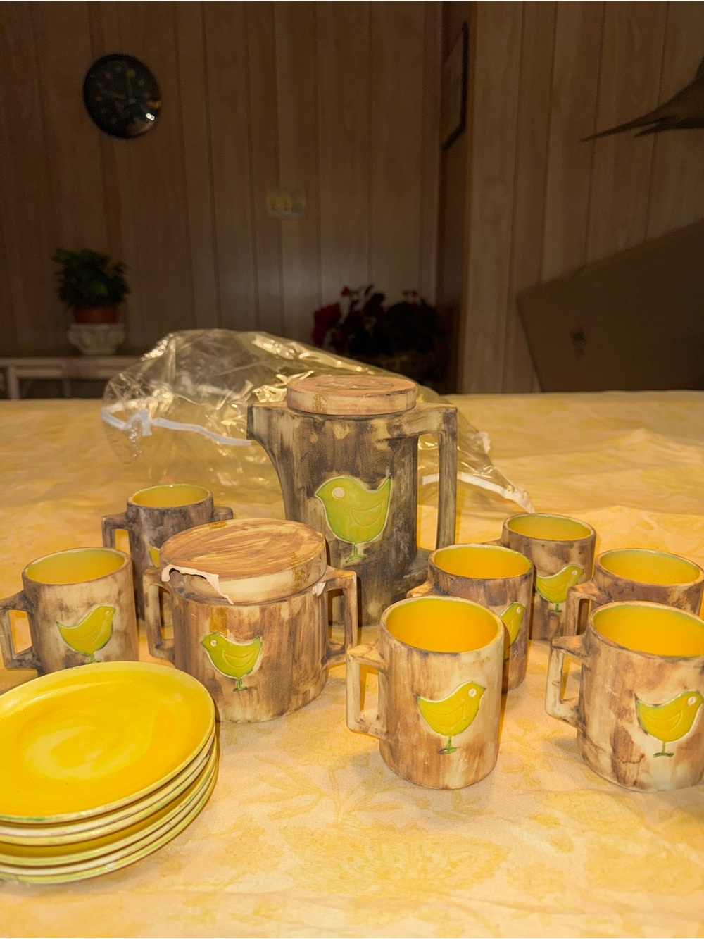 Yellow and Green Bird Ceramic Coffee Set - Home Dining